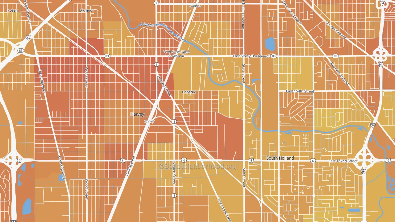 Map of the best neighborhoods in the Phoenix area, with better matches in green and worse matches in red