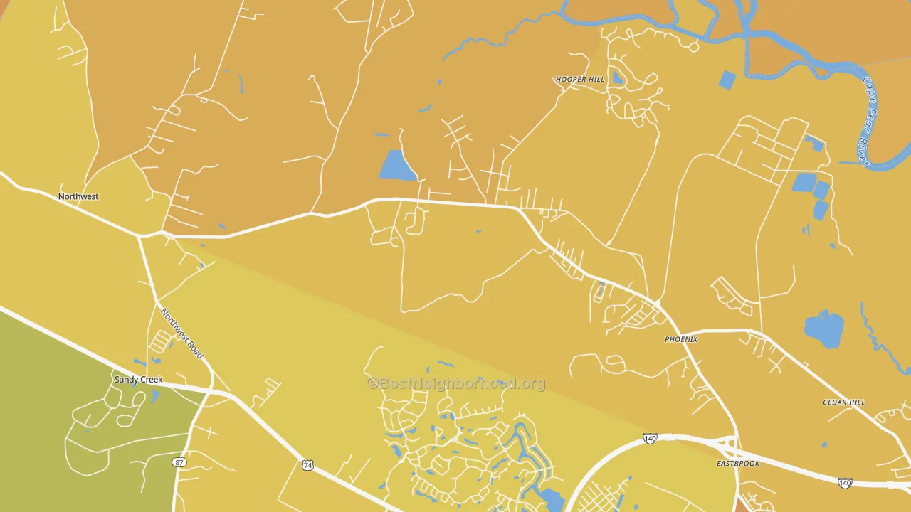 Map of the best neighborhoods in the Phoenix area, with better matches in green and worse matches in red