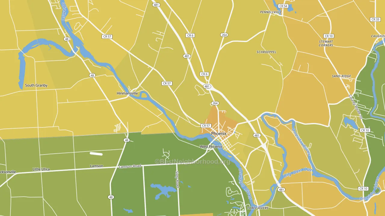 Map of the best neighborhoods in the Phoenix area, with better matches in green and worse matches in red