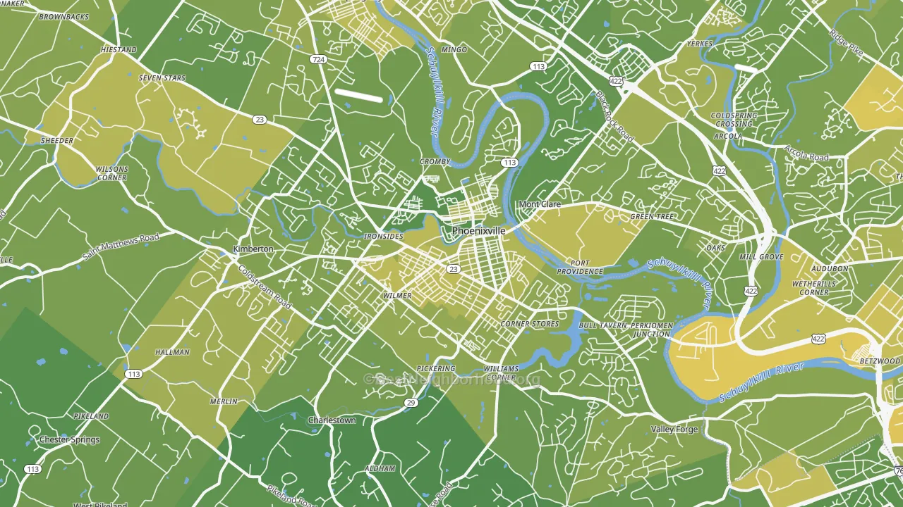 Map of the best neighborhoods in the Phoenixville area, with better matches in green and worse matches in red