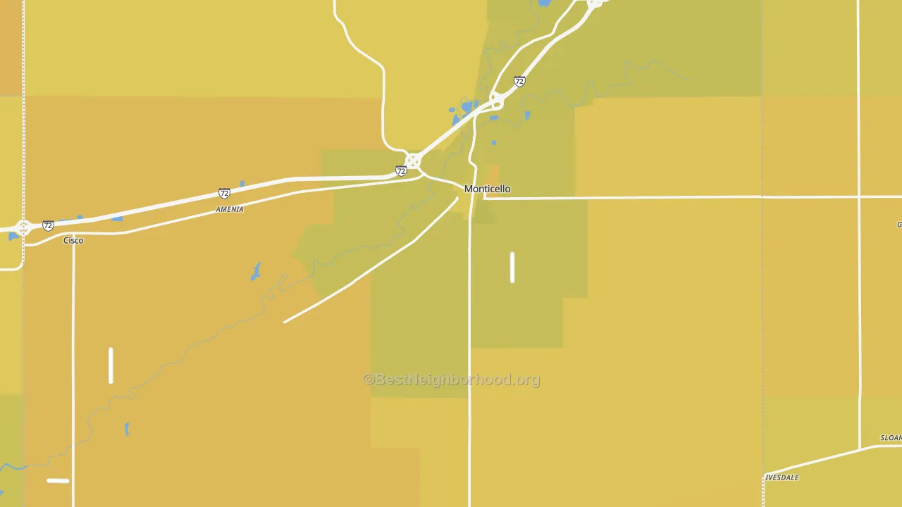 Map of the best neighborhoods in the Piatt County area, with better matches in green and worse matches in red