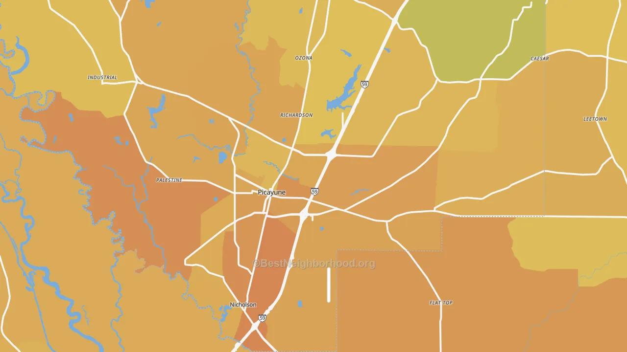 Map of the best neighborhoods in the Picayune area, with better matches in green and worse matches in red