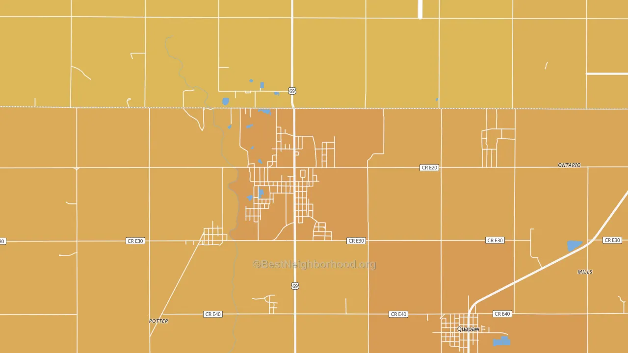 Map of the best neighborhoods in the Picher area, with better matches in green and worse matches in red