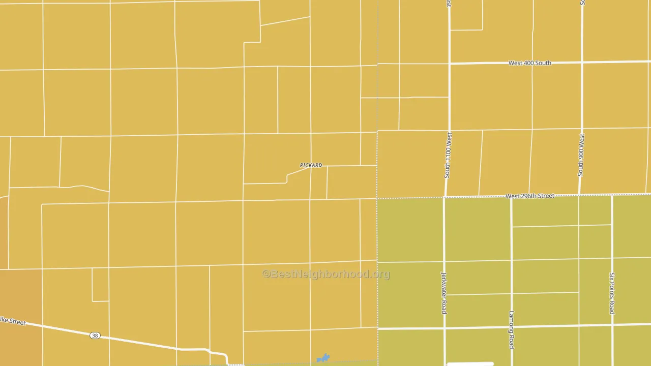 Map of the best neighborhoods in the Pickard area, with better matches in green and worse matches in red