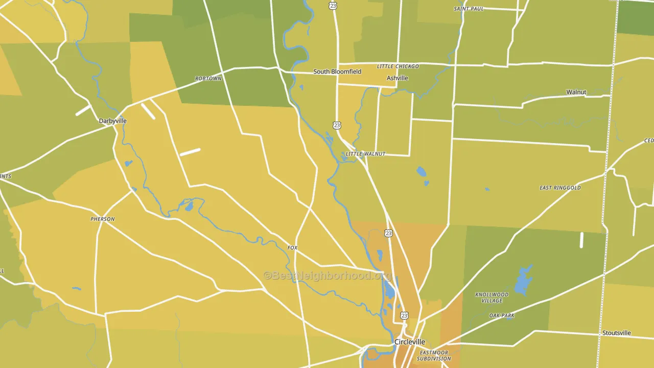 Map of the best neighborhoods in the Pickaway County area, with better matches in green and worse matches in red