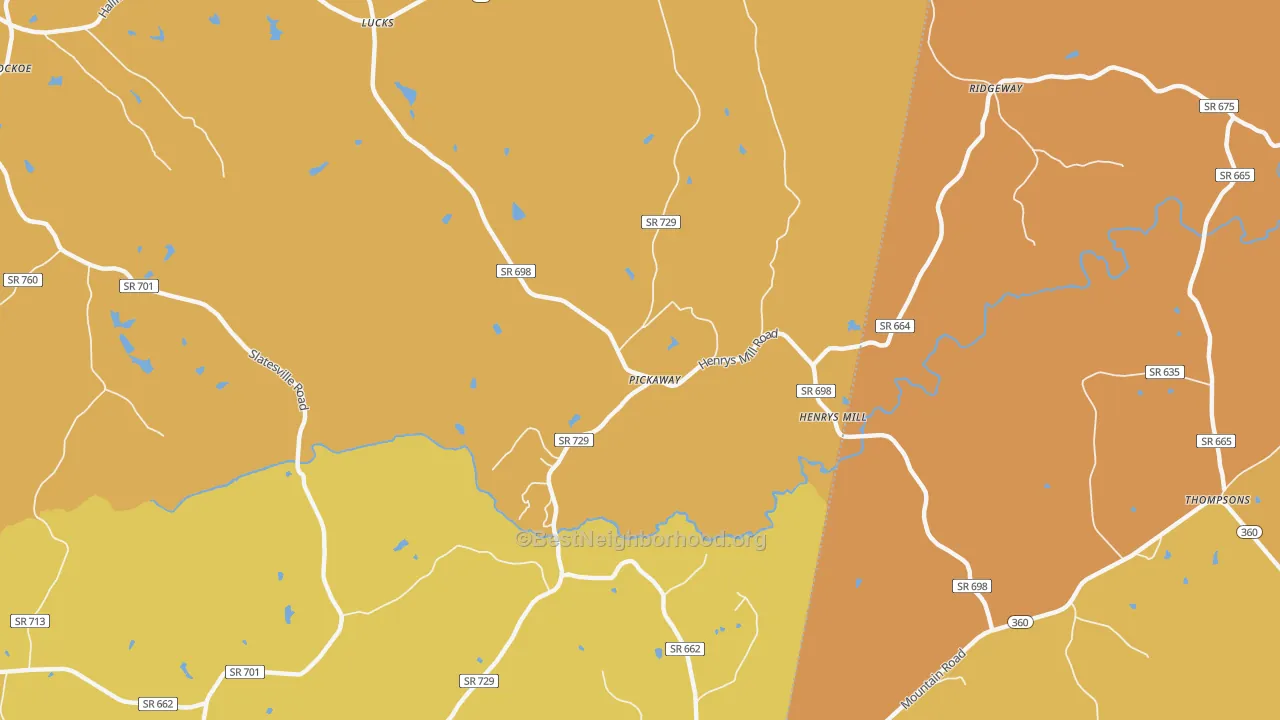 Map of the best neighborhoods in the Pickaway area, with better matches in green and worse matches in red
