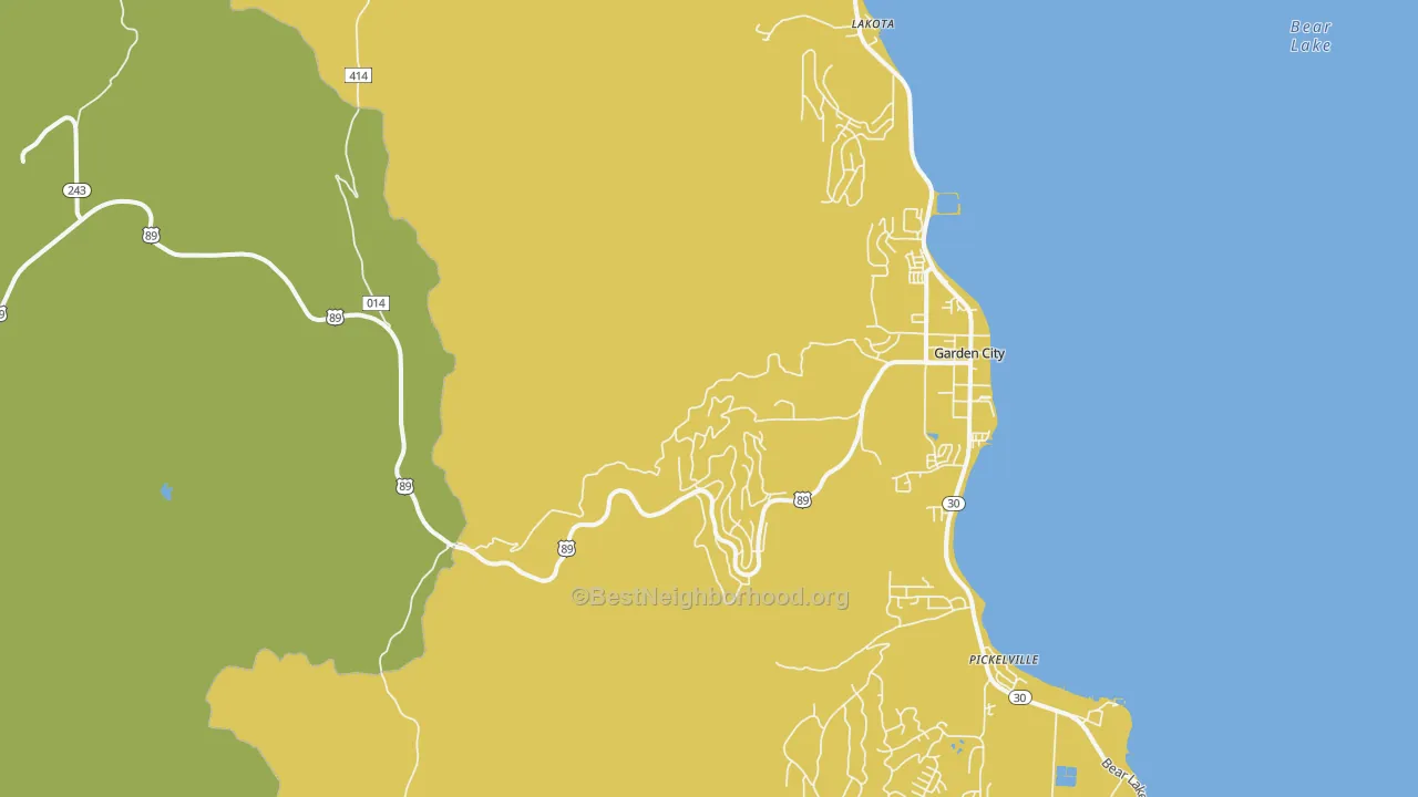 Map of the best neighborhoods in the Pickelville area, with better matches in green and worse matches in red