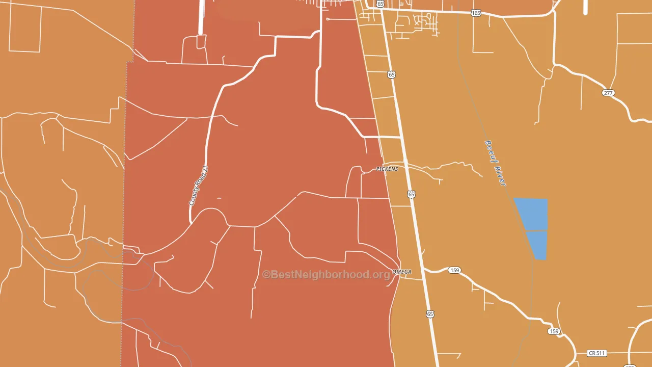 Map of the best neighborhoods in the Pickens area, with better matches in green and worse matches in red