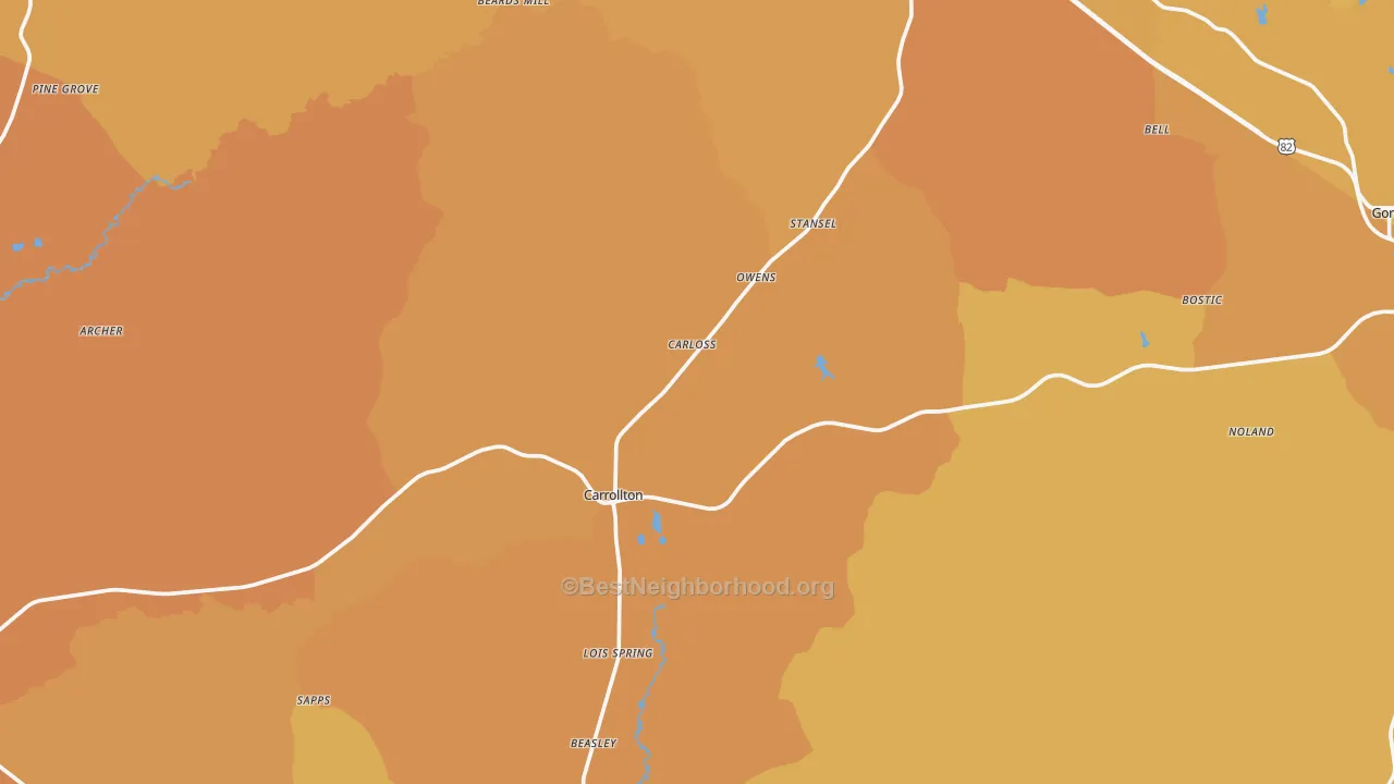 Map of the best neighborhoods in the Pickens County area, with better matches in green and worse matches in red