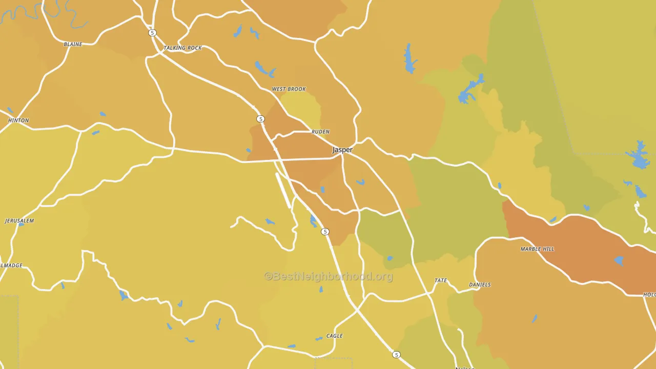 Map of the best neighborhoods in the Pickens County area, with better matches in green and worse matches in red