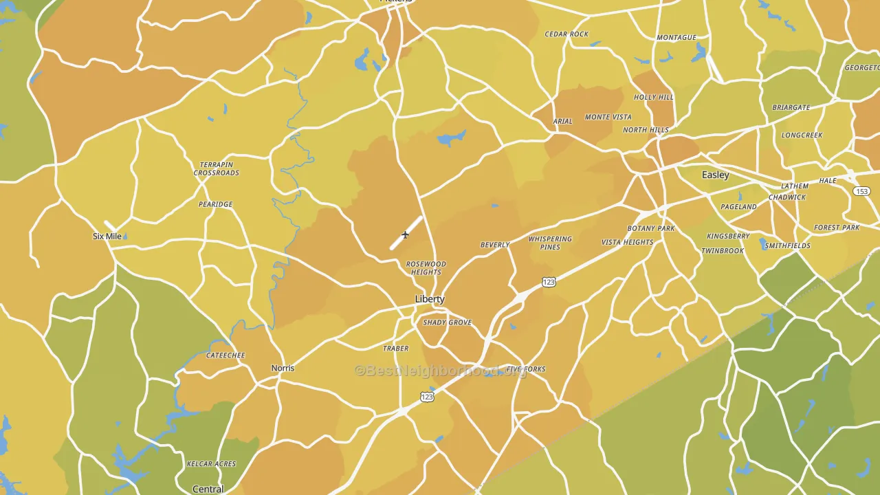 Map of the best neighborhoods in the Pickens County area, with better matches in green and worse matches in red