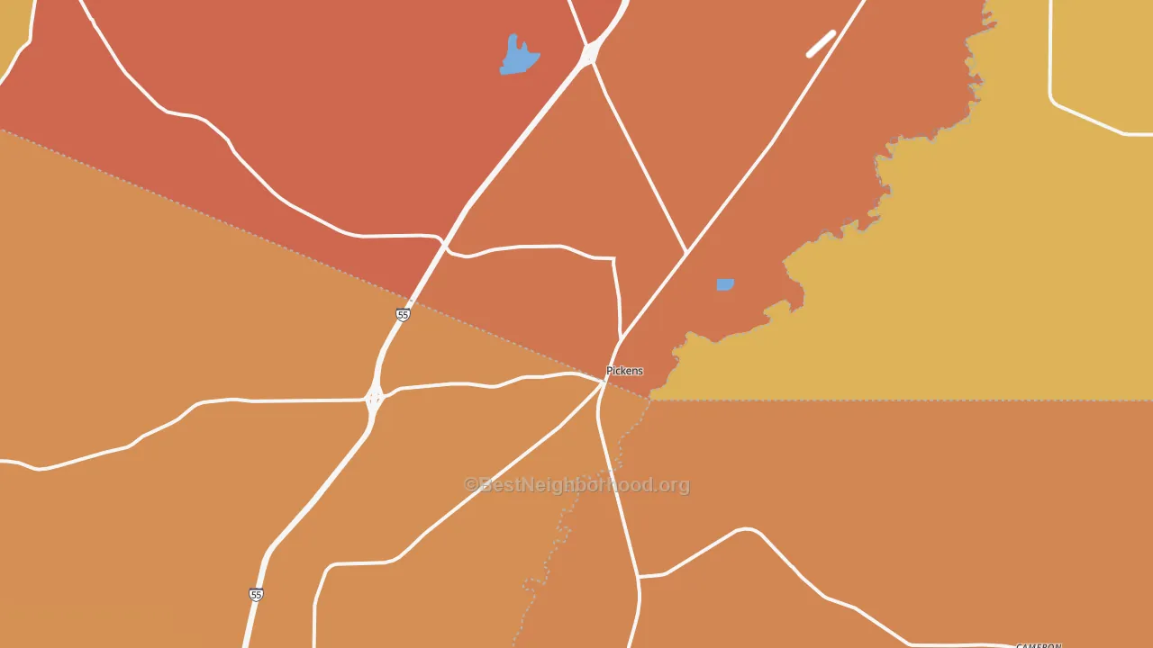 Map of the best neighborhoods in the Pickens area, with better matches in green and worse matches in red