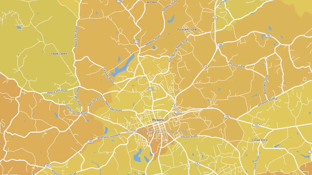 Map of the best neighborhoods in the Pickens area, with better matches in green and worse matches in red
