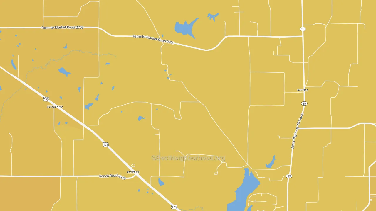 Map of the best neighborhoods in the Pickens area, with better matches in green and worse matches in red