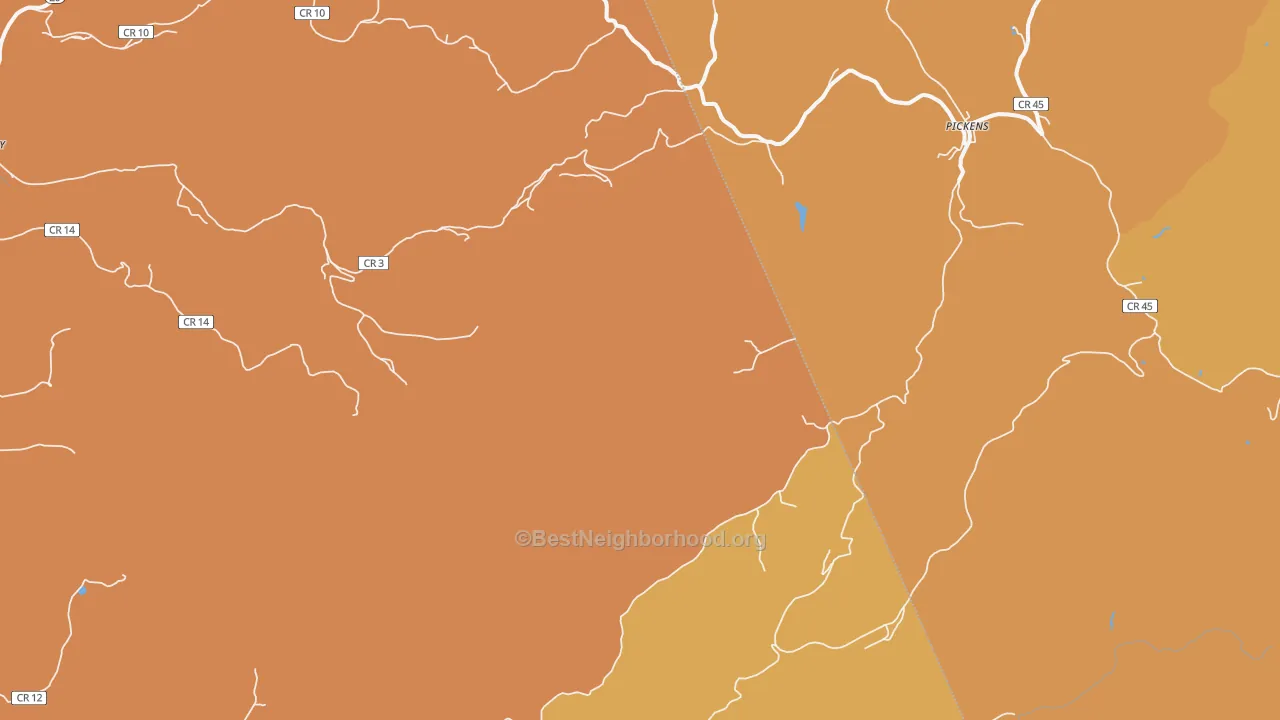 Map of the best neighborhoods in the Pickens area, with better matches in green and worse matches in red