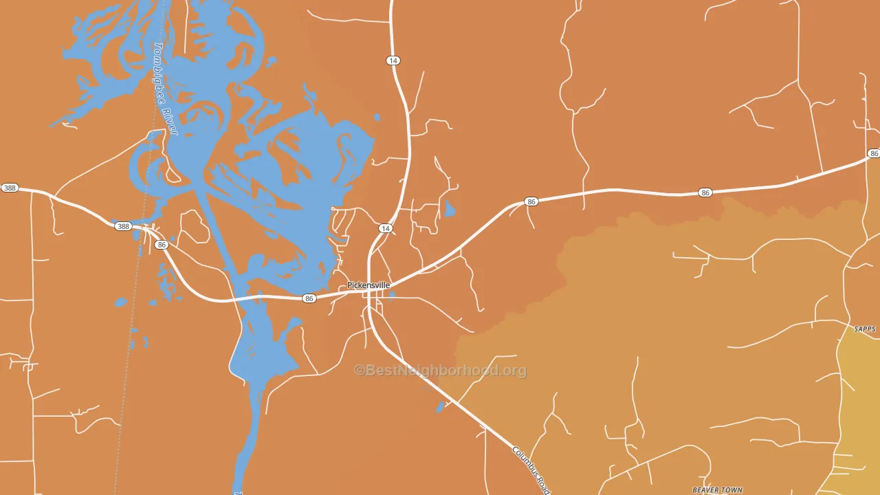 Map of the best neighborhoods in the Pickensville area, with better matches in green and worse matches in red