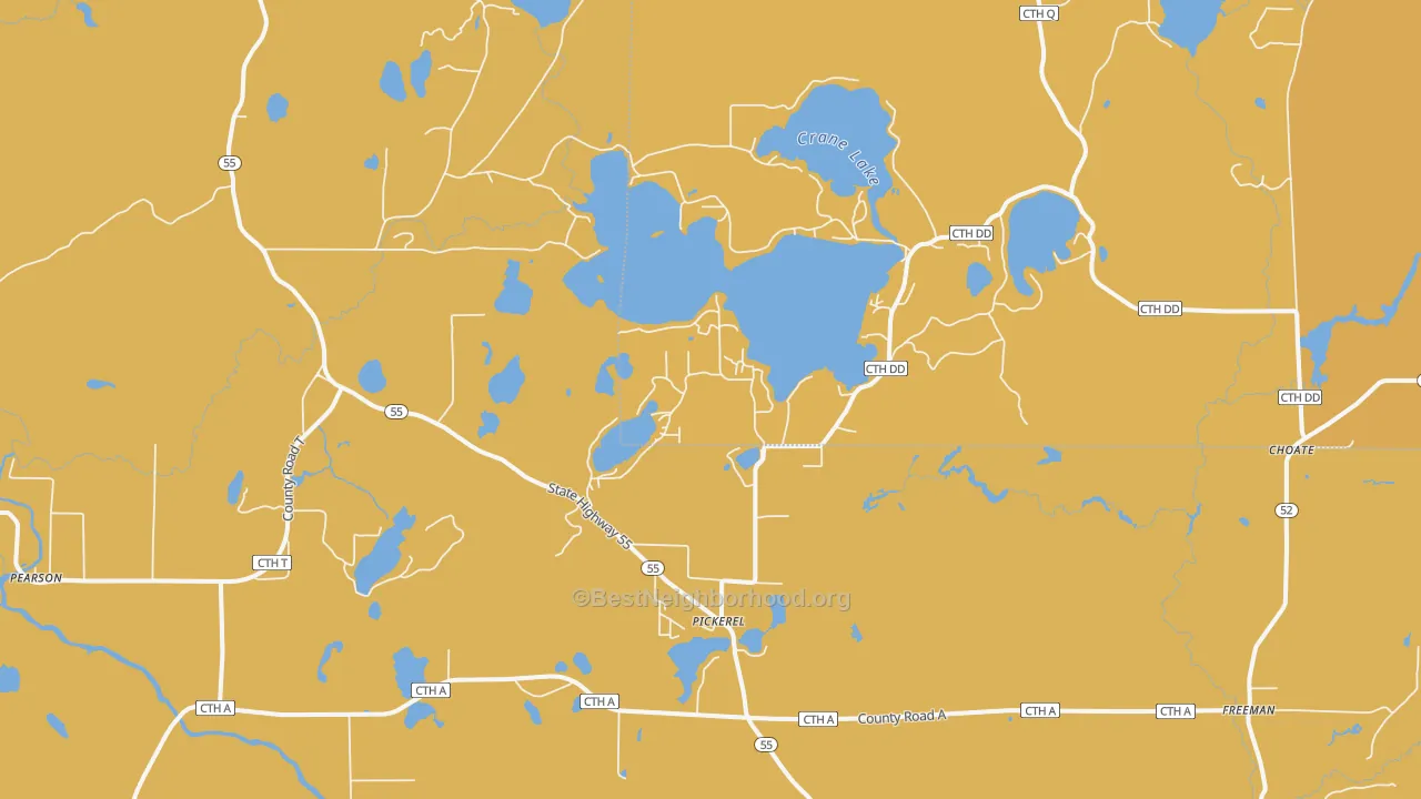 Map of the best neighborhoods in the Pickerel area, with better matches in green and worse matches in red
