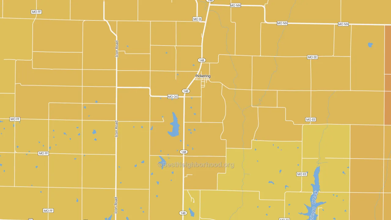 Map of the best neighborhoods in the Pickering area, with better matches in green and worse matches in red
