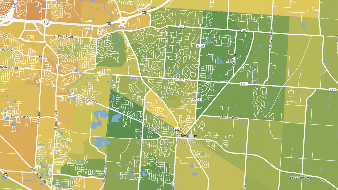Map of the best neighborhoods in the Pickerington area, with better matches in green and worse matches in red