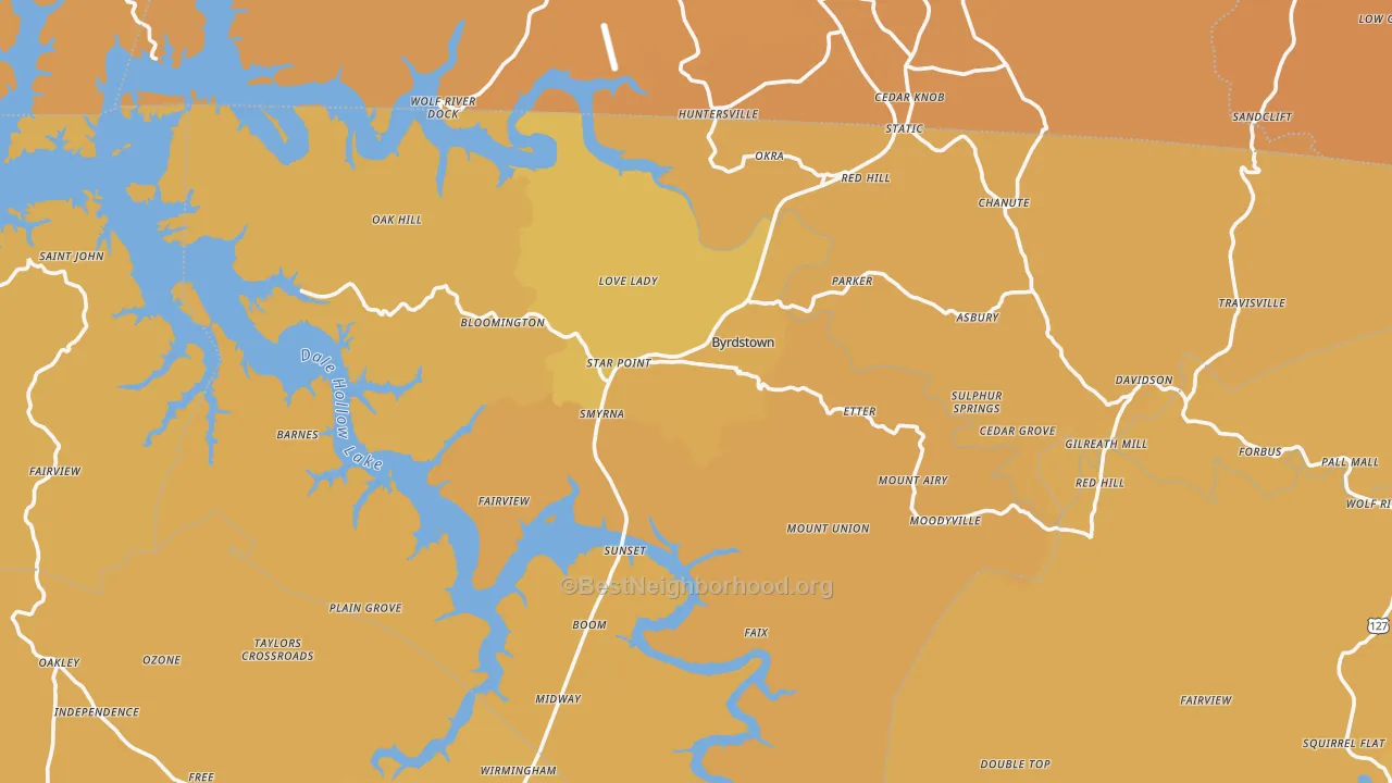 Map of the best neighborhoods in the Pickett County area, with better matches in green and worse matches in red