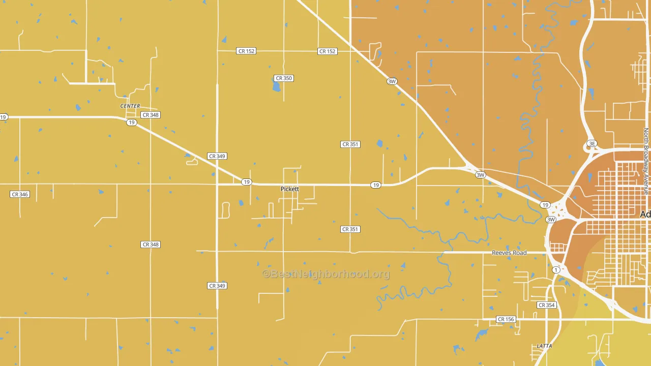 Map of the best neighborhoods in the Pickett area, with better matches in green and worse matches in red