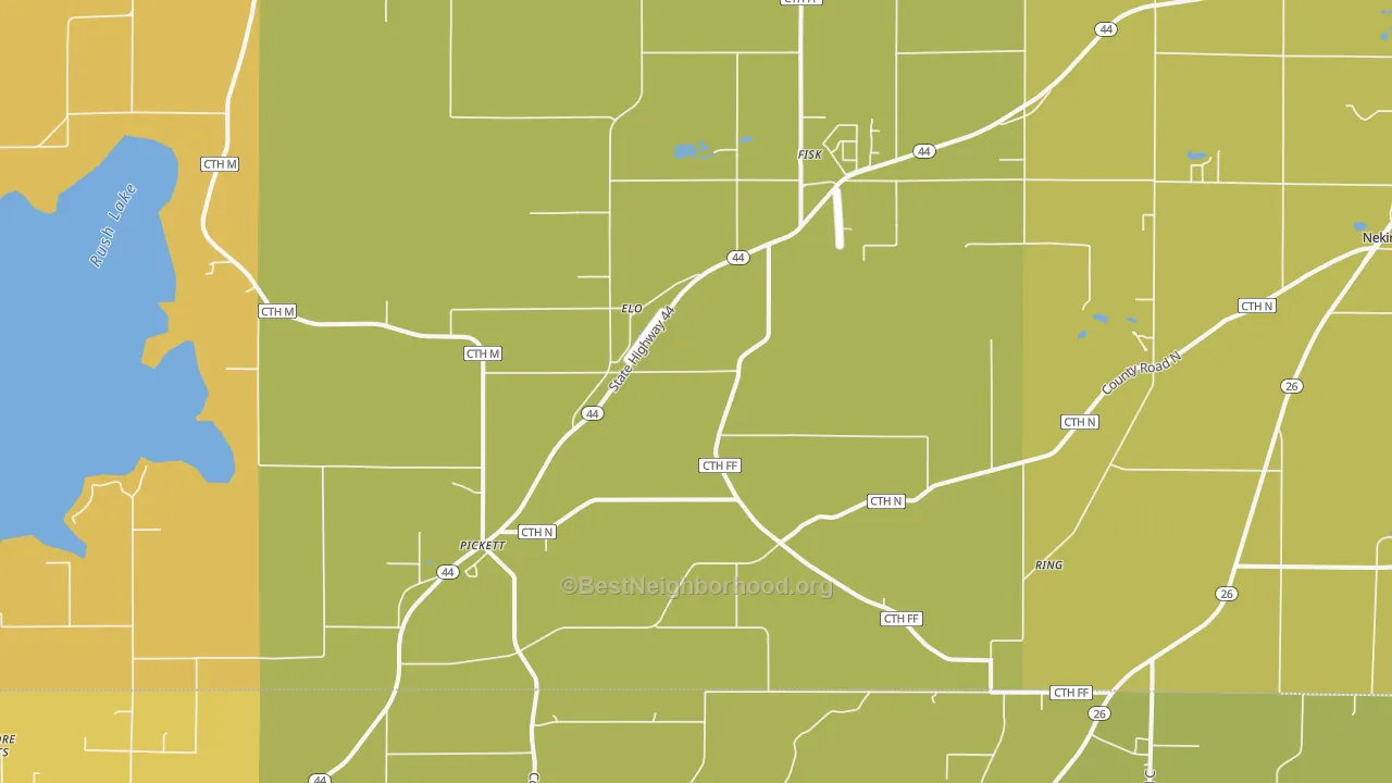 Map of the best neighborhoods in the Pickett area, with better matches in green and worse matches in red
