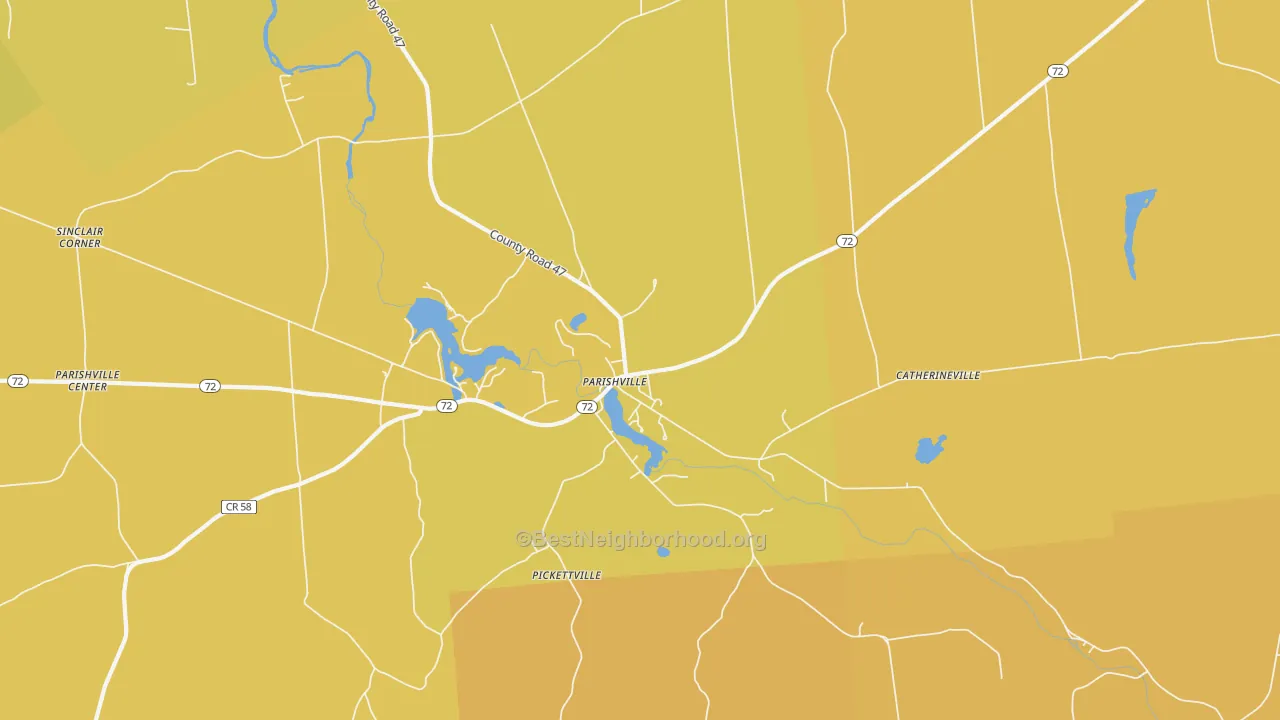 Map of the best neighborhoods in the Pickettville area, with better matches in green and worse matches in red