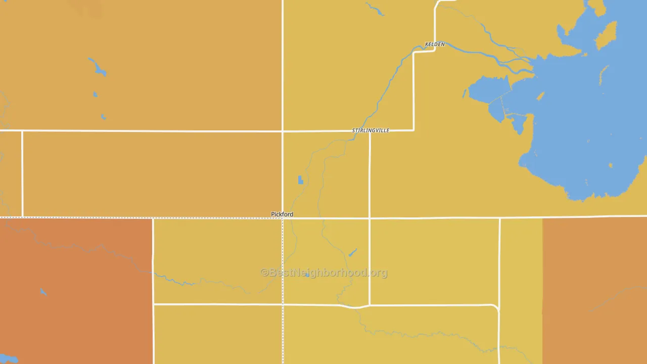 Map of the best neighborhoods in the Pickford area, with better matches in green and worse matches in red