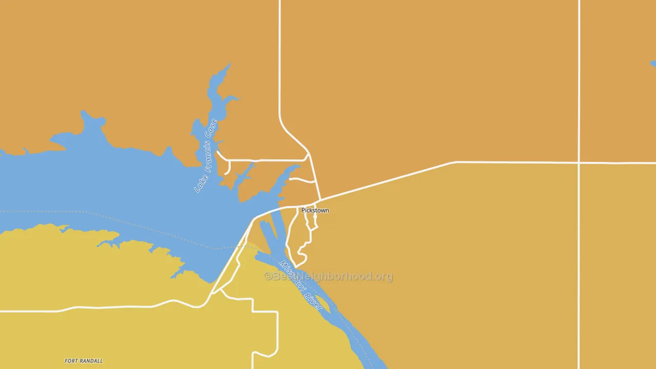 Map of the best neighborhoods in the Pickstown area, with better matches in green and worse matches in red