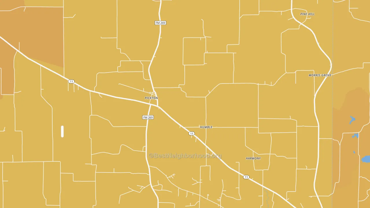 Map of the best neighborhoods in the Pickton area, with better matches in green and worse matches in red