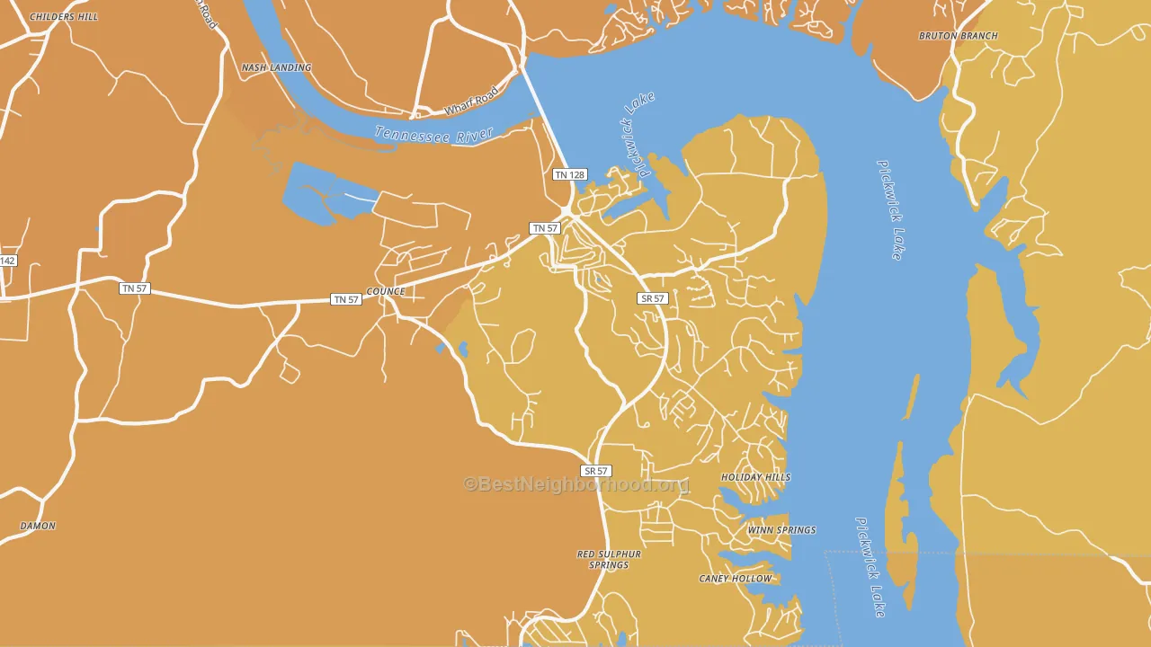 Map of the best neighborhoods in the Pickwick Dam area, with better matches in green and worse matches in red