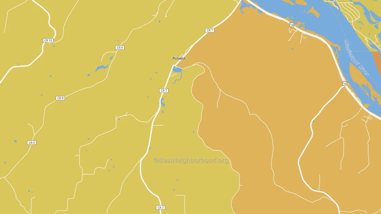 Map of the best neighborhoods in the Pickwick area, with better matches in green and worse matches in red