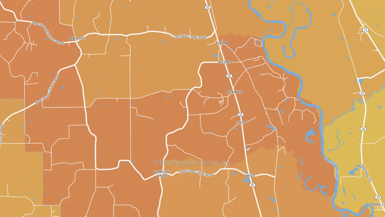 Map of the best neighborhoods in the Pickwick area, with better matches in green and worse matches in red