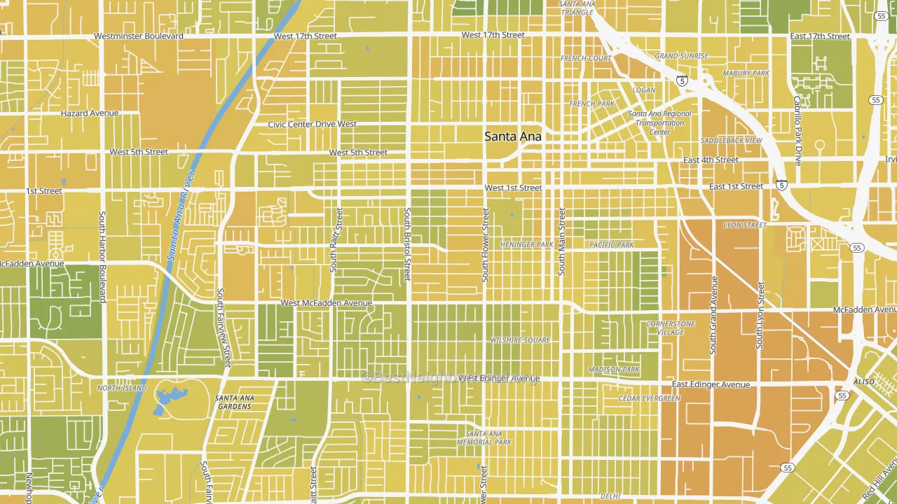 Map of the best neighborhoods in the Pico-Lowell, Santa Ana area, with better matches in green and worse matches in red
