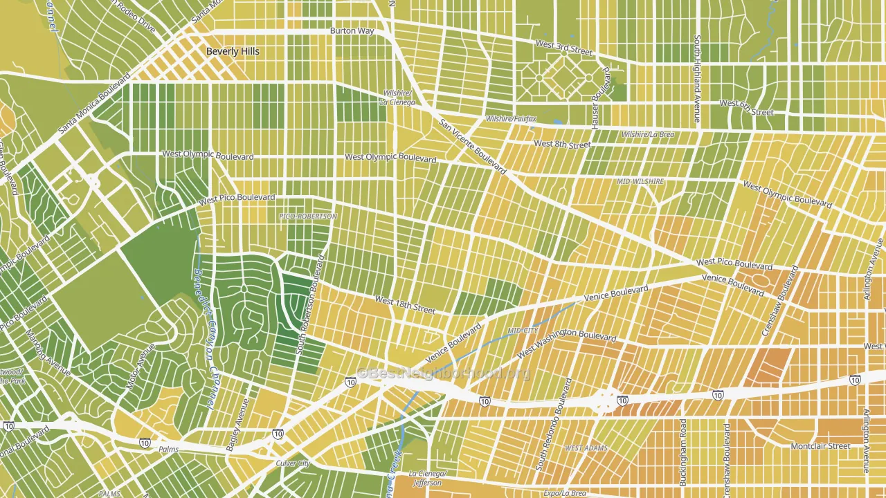 Map of the best neighborhoods in the Pico-Robertson, Los Angeles area, with better matches in green and worse matches in red
