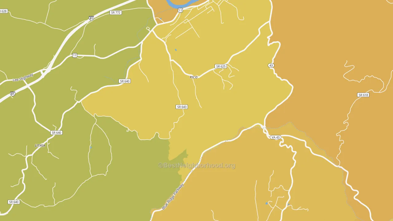 Map of the best neighborhoods in the Pico area, with better matches in green and worse matches in red