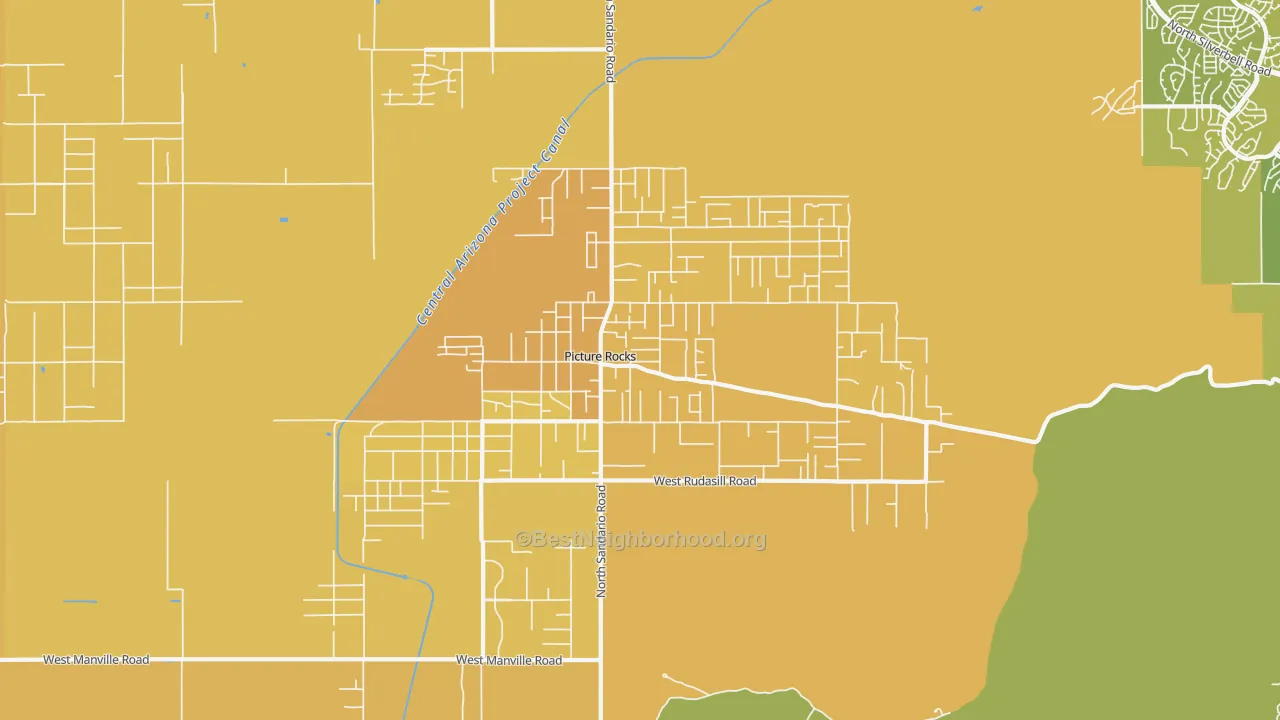 Map of the best neighborhoods in the Picture Rocks area, with better matches in green and worse matches in red