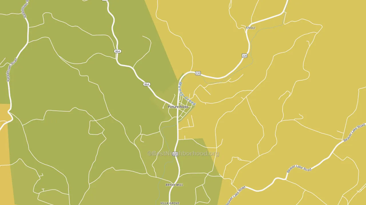Map of the best neighborhoods in the Picture Rocks area, with better matches in green and worse matches in red