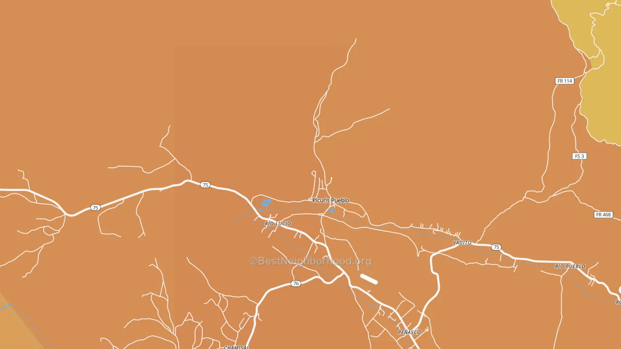 Map of the best neighborhoods in the Picuris Pueblo area, with better matches in green and worse matches in red