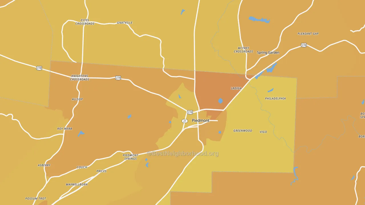 Map of the best neighborhoods in the Piedmont area, with better matches in green and worse matches in red