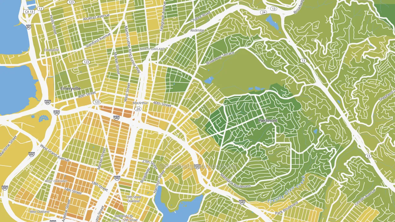 Map of the best neighborhoods in the Piedmont Avenue, Oakland area, with better matches in green and worse matches in red