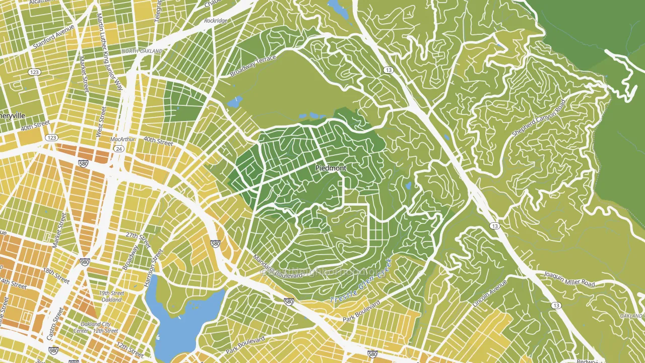 Map of the best neighborhoods in the Piedmont area, with better matches in green and worse matches in red