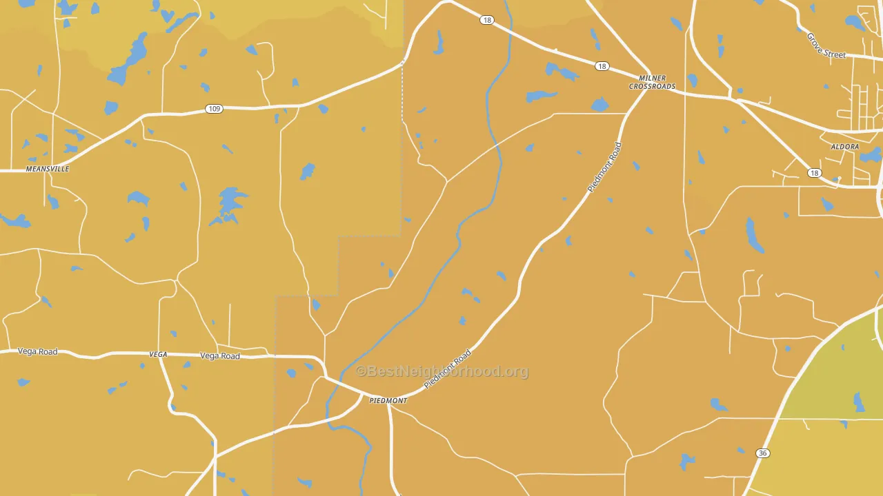 Map of the best neighborhoods in the Piedmont area, with better matches in green and worse matches in red