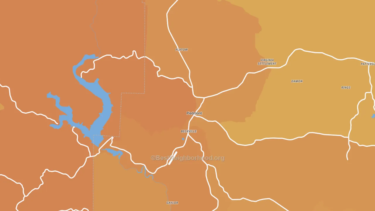 Map of the best neighborhoods in the Piedmont area, with better matches in green and worse matches in red