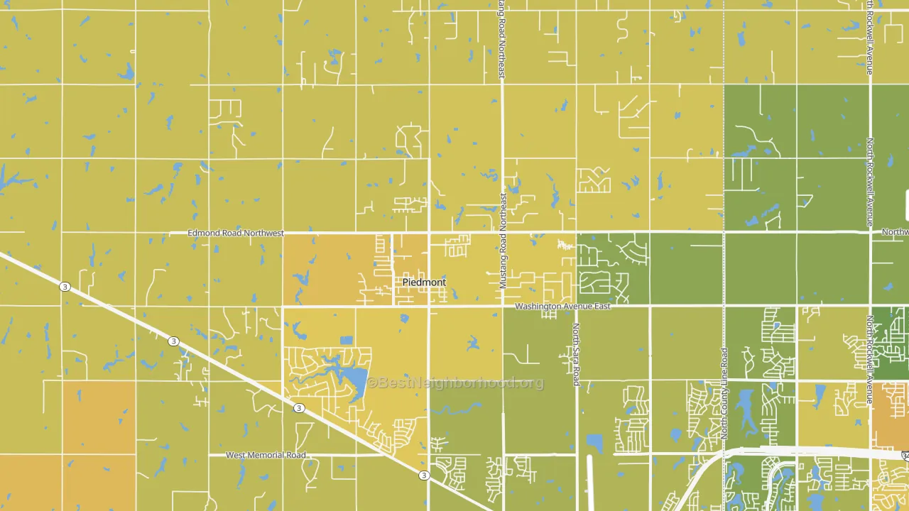 Map of the best neighborhoods in the Piedmont area, with better matches in green and worse matches in red
