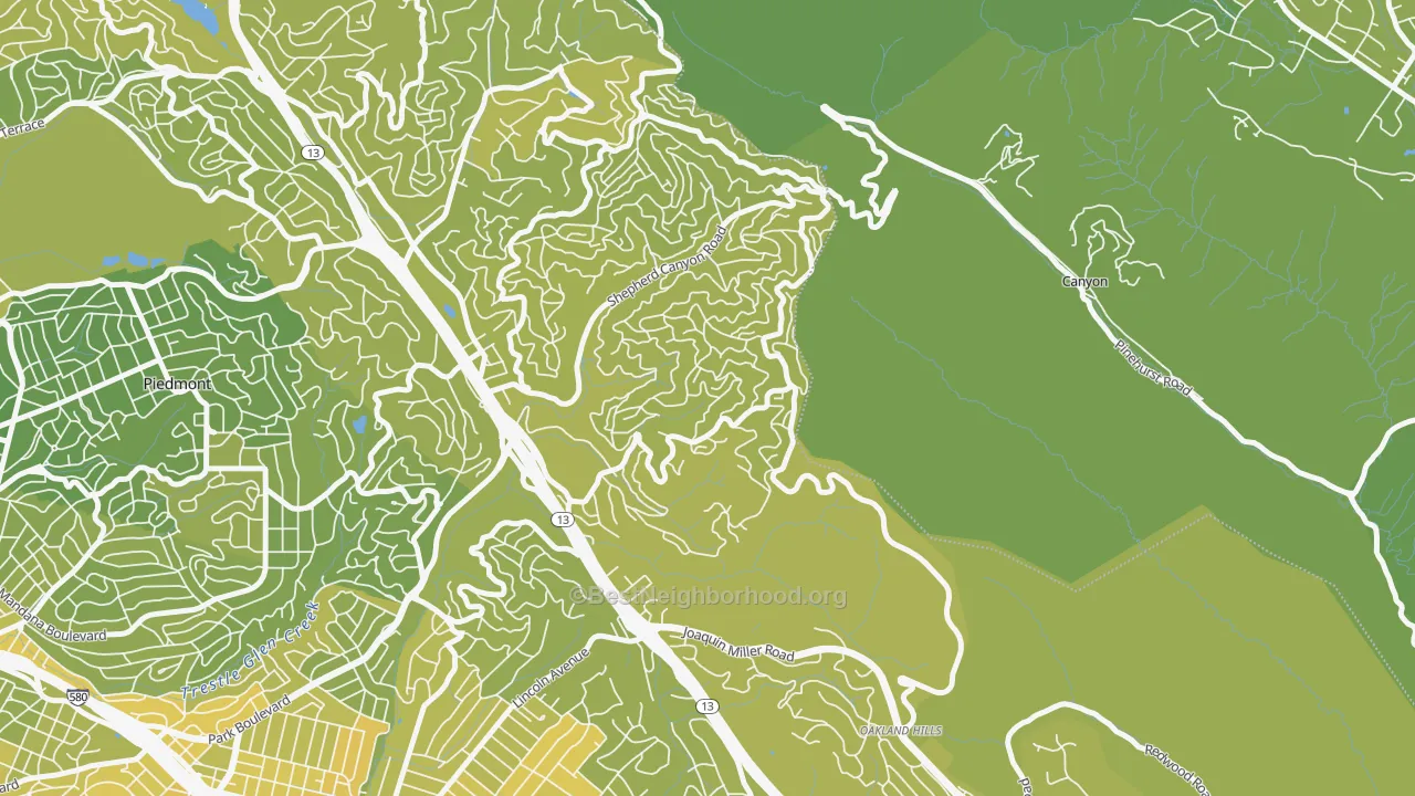 Map of the best neighborhoods in the Piedmont Pines, Oakland area, with better matches in green and worse matches in red