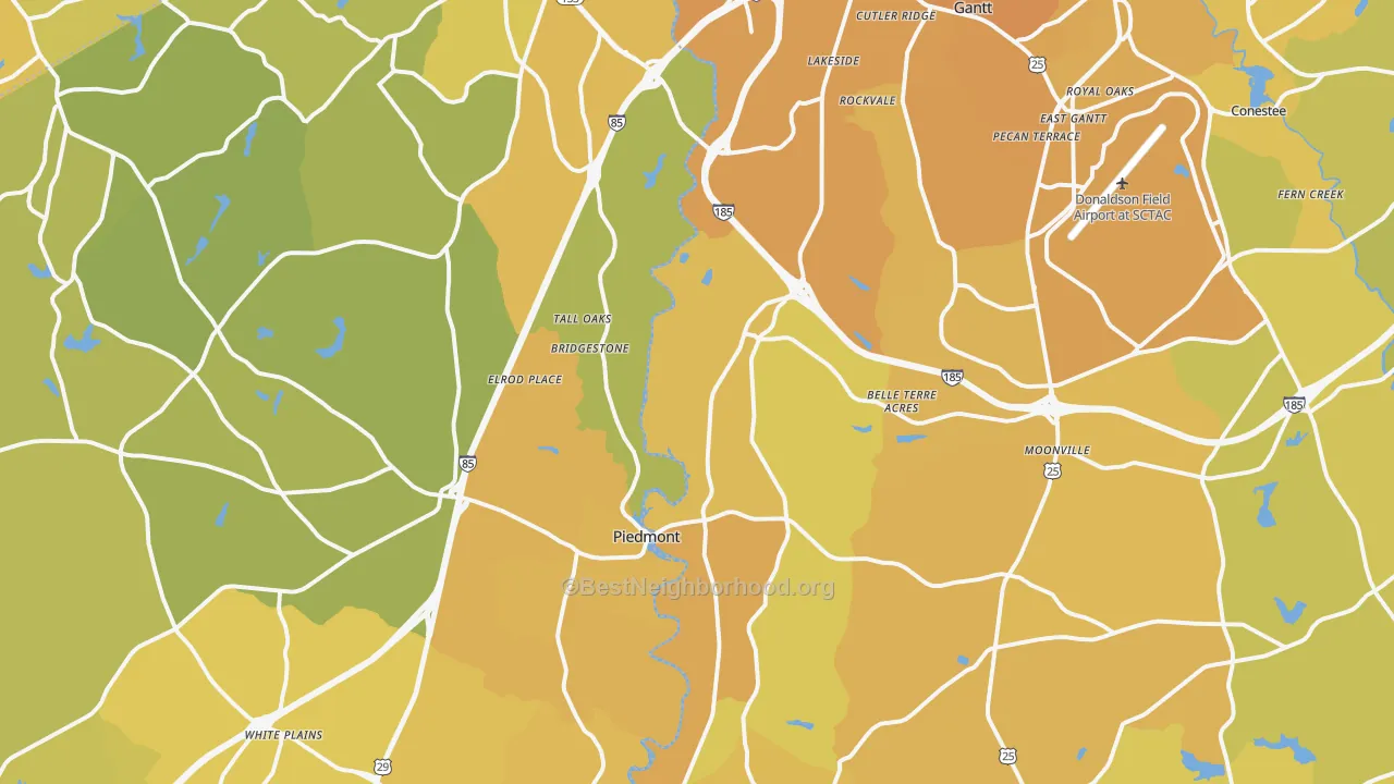 Map of the best neighborhoods in the Piedmont area, with better matches in green and worse matches in red