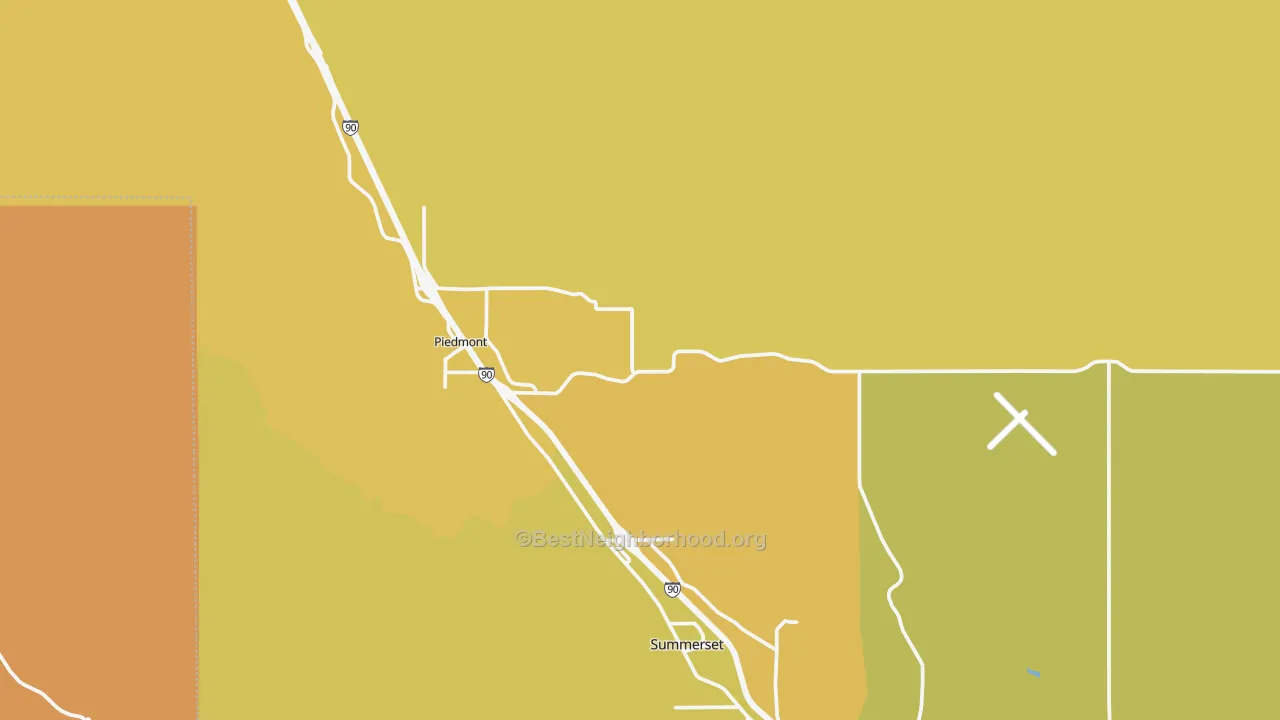 Map of the best neighborhoods in the Piedmont area, with better matches in green and worse matches in red