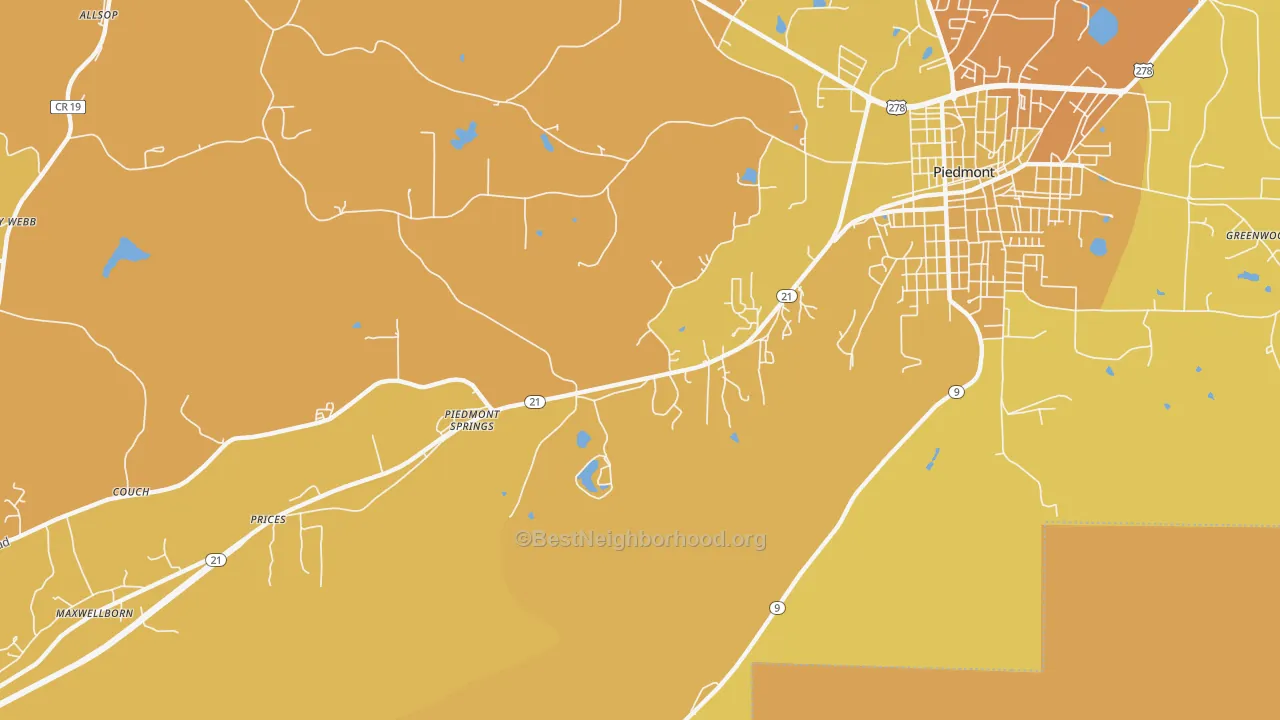 Map of the best neighborhoods in the Piedmont Springs area, with better matches in green and worse matches in red