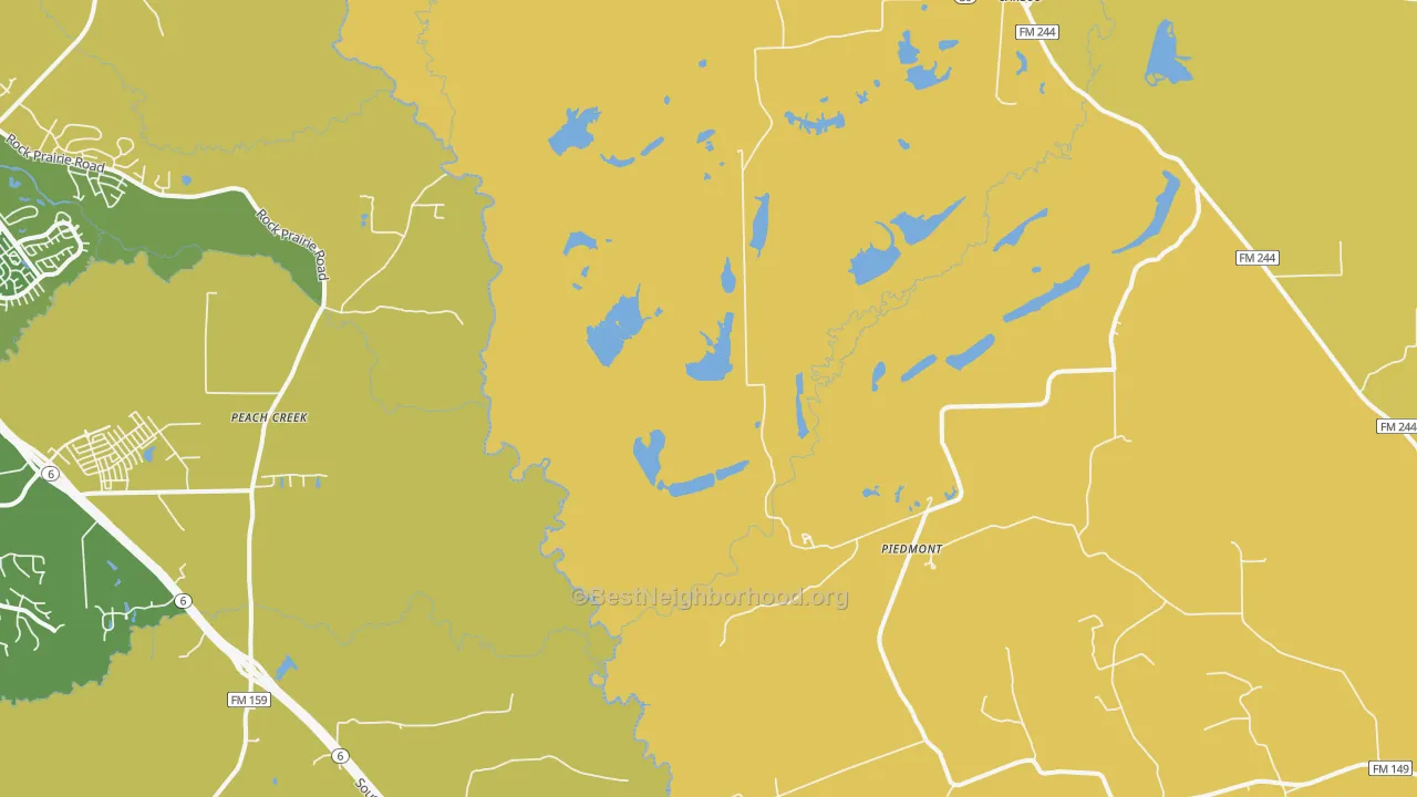 Map of the best neighborhoods in the Piedmont area, with better matches in green and worse matches in red